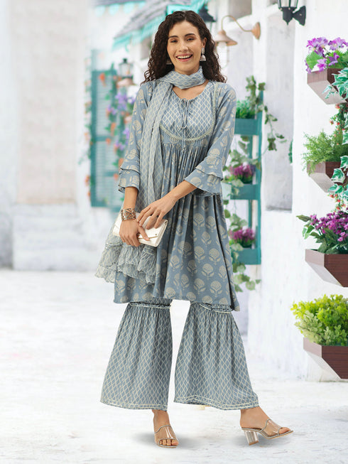 Muslin Foil Printed Light Blue Kurta Sharara With Dupatta