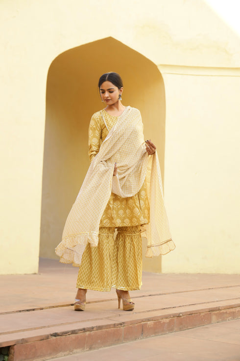 Muslin Foil Printed Mustard Kurta Sharara With Dupatta