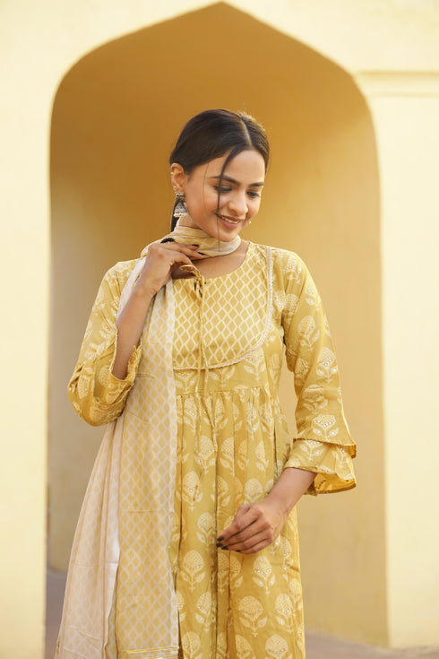 Muslin Foil Printed Mustard Kurta Sharara With Dupatta