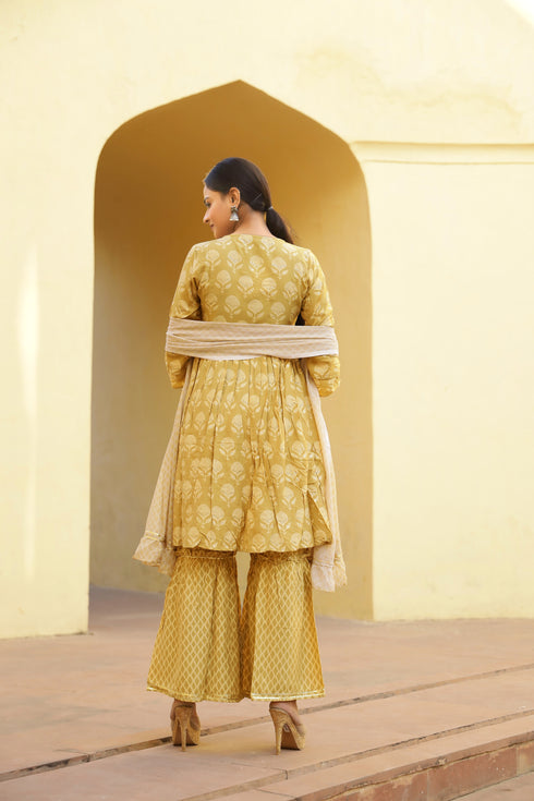 Muslin Foil Printed Mustard Kurta Sharara With Dupatta
