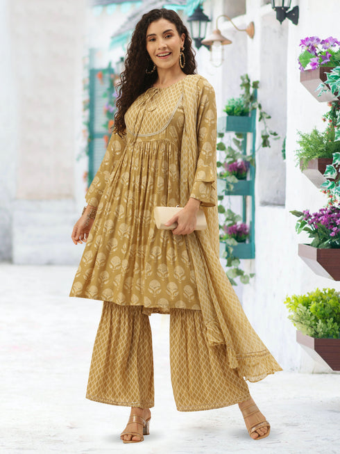 Muslin Foil Printed Mustard Kurta Sharara With Dupatta