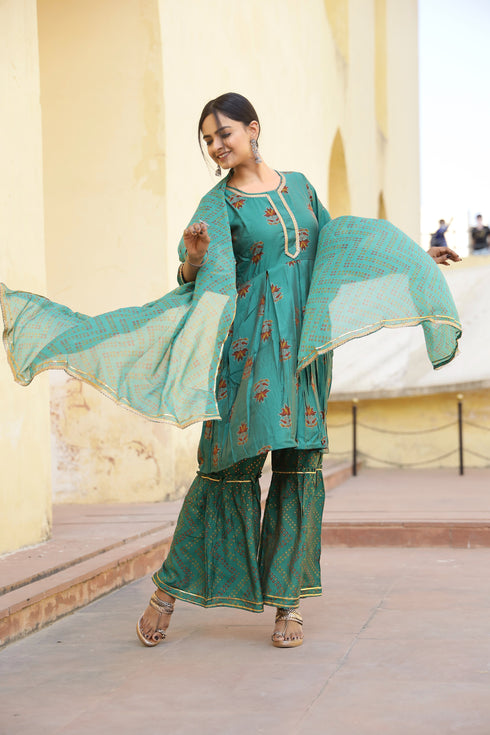 Printed Green Kurta Sharara With Dupatta