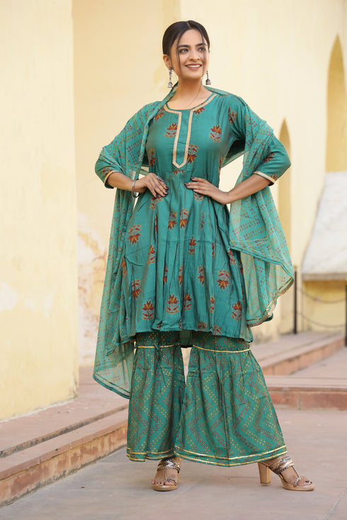 Printed Green Kurta Sharara With Dupatta