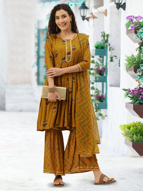 Printed Mustard Kurta Sharara With Dupatta