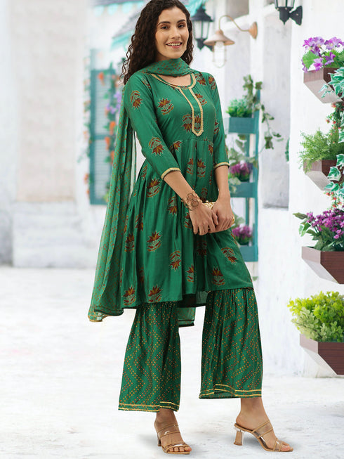 Printed Green Kurta Sharara With Dupatta