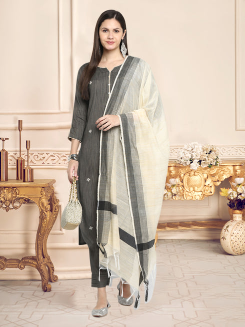 Grey Rayon Embroidered Straight Kurta Suit Set