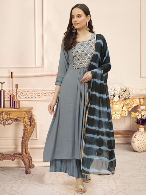 Light Denim Rayon Embroidered A-Line Flared Kurta Suit Set