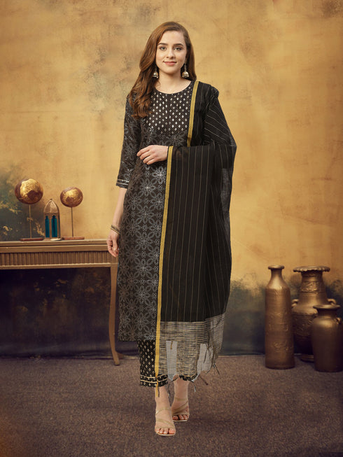 Black Crepe Silk Gold Printed Straight Kurta Suit Set