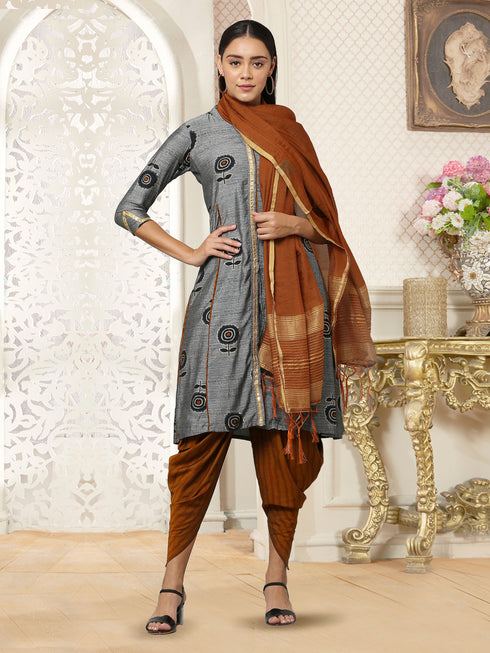 Muslin Printed Straight Mustard Kurta Set with dupatta
