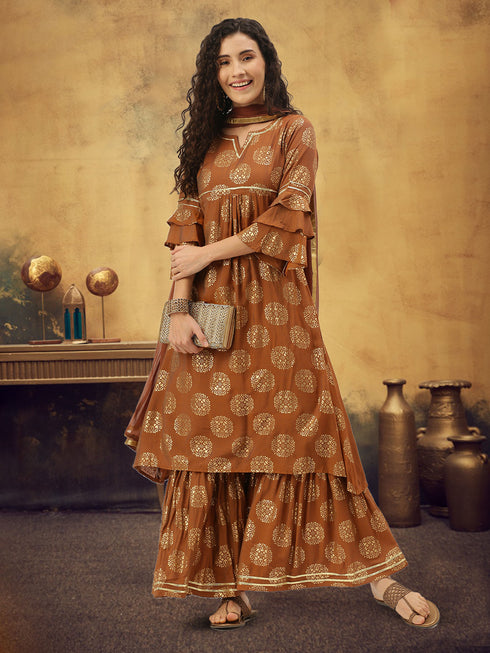Rust Rayon Foil Printed Kurta Suit Set