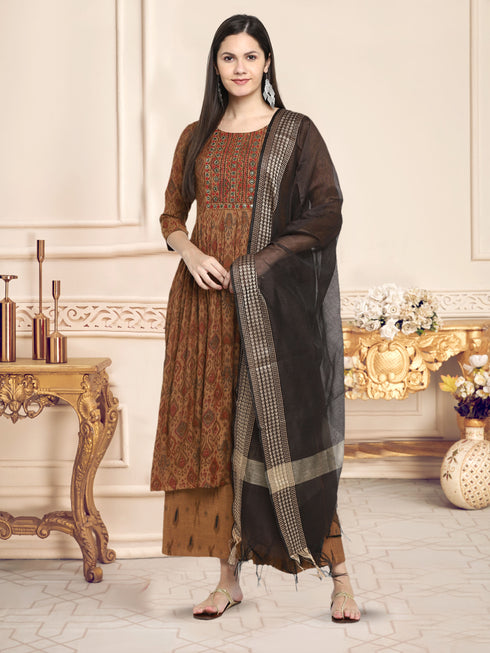 Grey Rayon Embroidered A-line Printed Kurta Suit Set