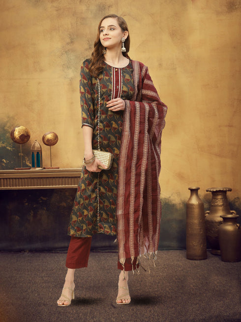 Dark Grey Satin Straight Printed Kurta Suit Set