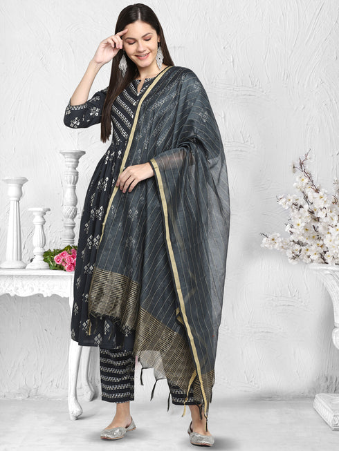 Dark Grey Rayon Flared A-line Printed Kurta Suit Set