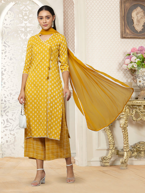 Yellow Rayon V-Neck Straight Kurta Suit Set
