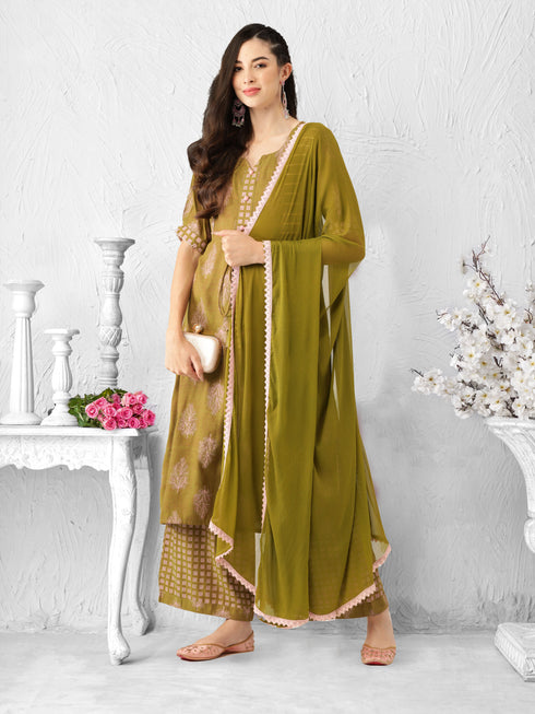 Printed Straight Kurta Palazzo And Dupatta Set