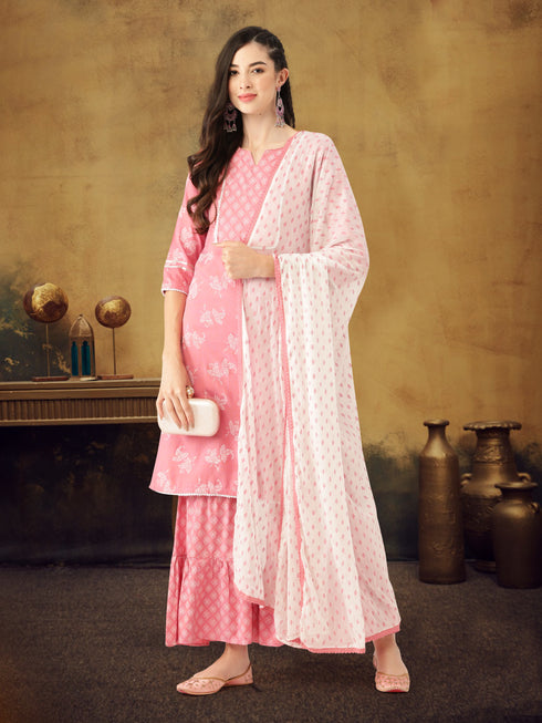 Pink Rayon Printed Straight Kurta Suit Set