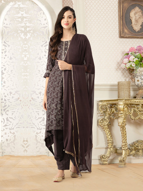 Wine Rayon Flared Printed Kurta Suit Set