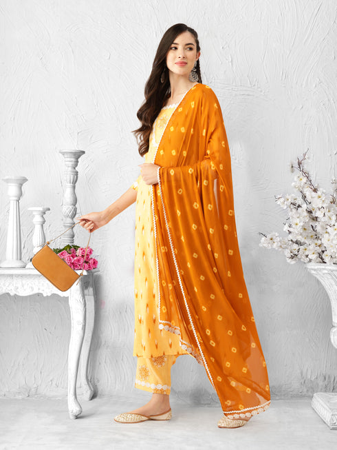 Yellow Rayon Straight Printed Kurta Suit Set
