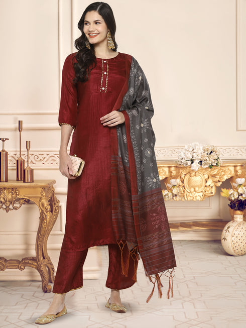 Women Maroon Gotta Patti Kurta with Palazzos & With Dupatta