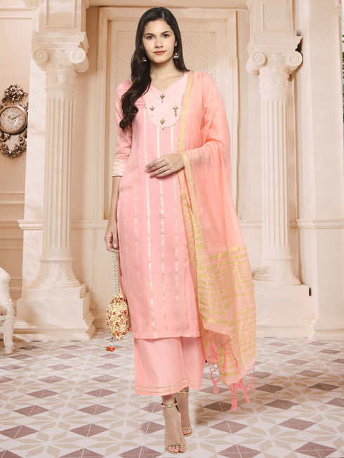 Women Pink Straight Chanderi Silk Kurta with Palazzos & Dupatta