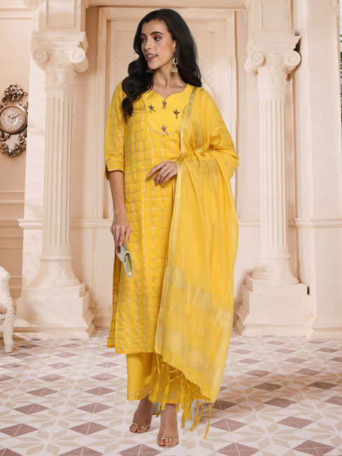 Women Yellow Straight Chanderi Silk Kurta with Palazzos & Dupatta