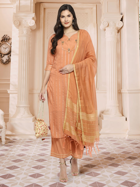 Peach Straight Chanderi Silk Kurta Suit Set