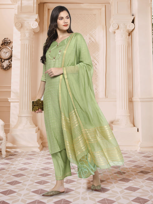 Parrot Straight Chanderi Silk Kurta Suit Set