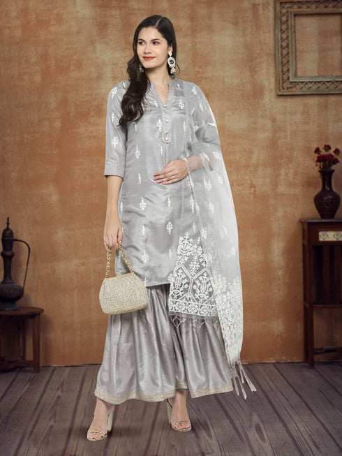 Printed Grey Silk Straight Kurta Suit Set