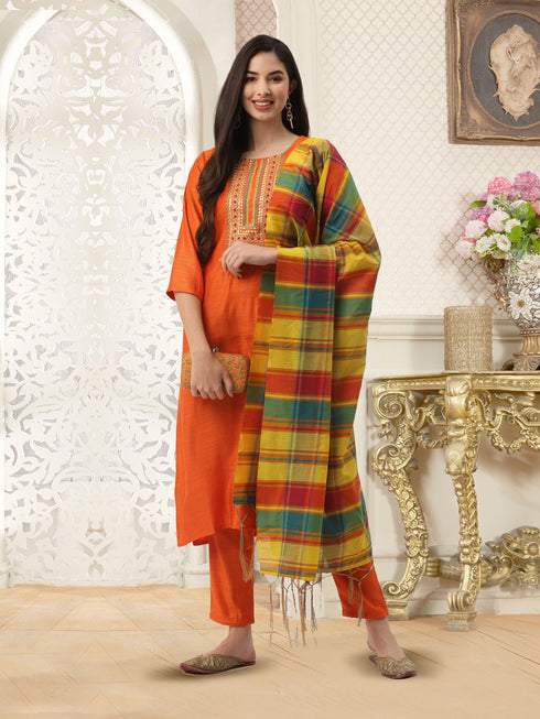 Orange Rayon Blend Straight Embroidered Kurta Pant Set