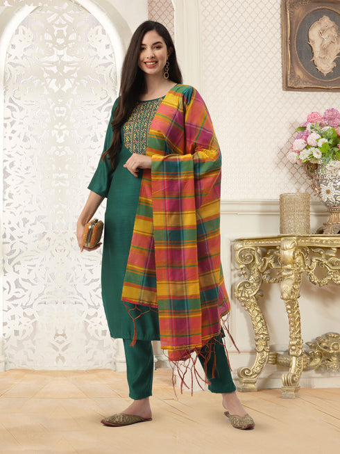 Green Rayon Straight Embroidered Kurta Pant Set