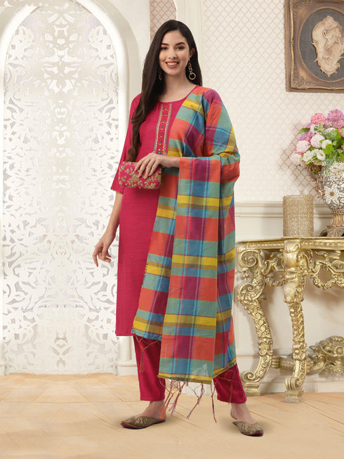Pink Rayon Straight Embroidered Kurta Pant Set
