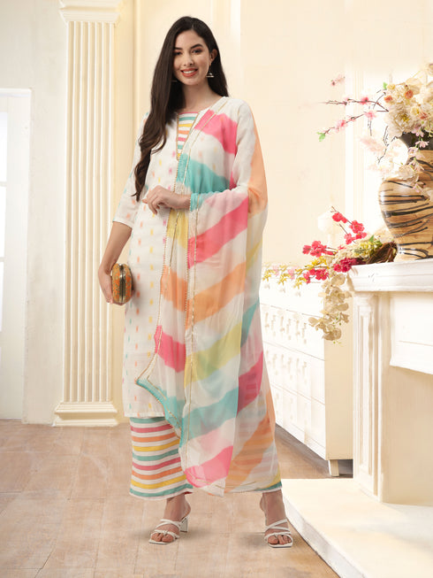 Women's Cotton Blend Self Design Straight Kurta Suit Set