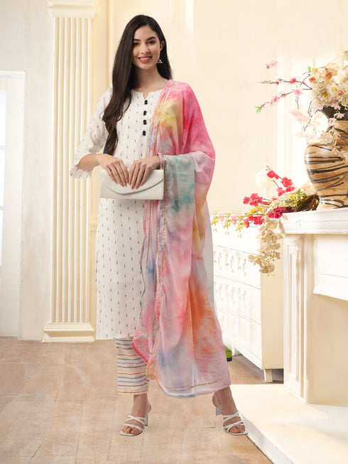 Women's Cotton Blend Self Design Straight Kurta Suit Set