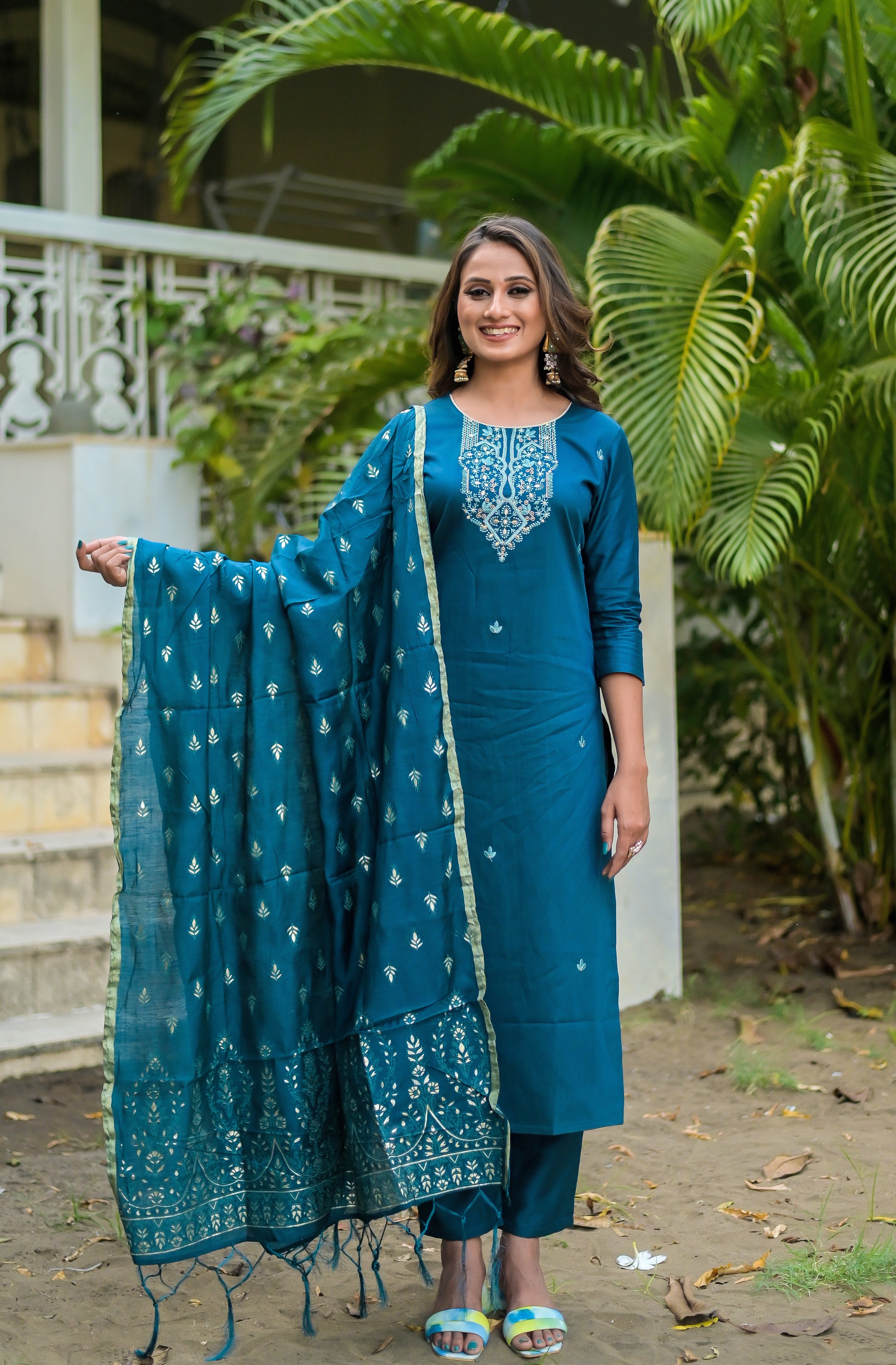 Peacock Blue Banaras work with Digital Print Straight Cut Salwar Suit –  Seasons Chennai